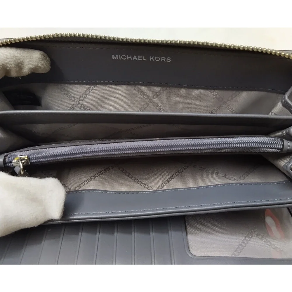Michael Kors Gray Crossgrain Leather Zip Around Credit Card Wallet